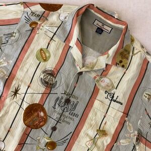 Tommy Bahama Relax Mens Medium Silk Bowling Print Camp Shirt Multi Color Striped